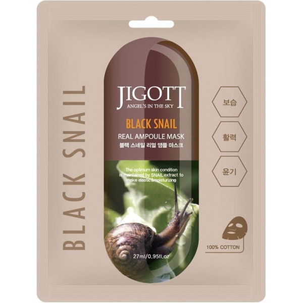 JIGOTT Тканевая маска для лица с муцином улитки Black Snail Real Ampoule Mask (27 мл)