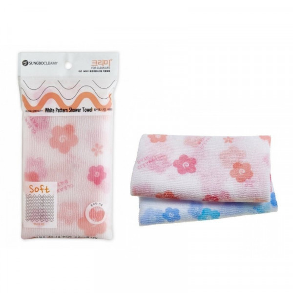 SUNG BO CLEAMY Мочалка для душа средней жесткости из нейлона и полиэстера White Pattern Shower Towel (28 х 95 см)